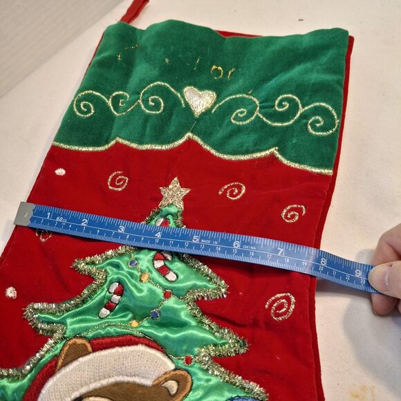 Christmas Stocking With Bear & Sailboat 22" Red/Green Embroidered Classic - Picture 2 of 5
